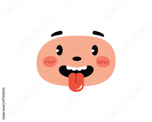 Cute cartoon character face with rosy cheeks sticking out its tongue in a playful and silly expression on a white background