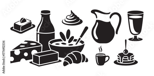 Breakfast Food Vector, Morning Meal Illustration, Dairy and Bakery Silhouette Icons.
