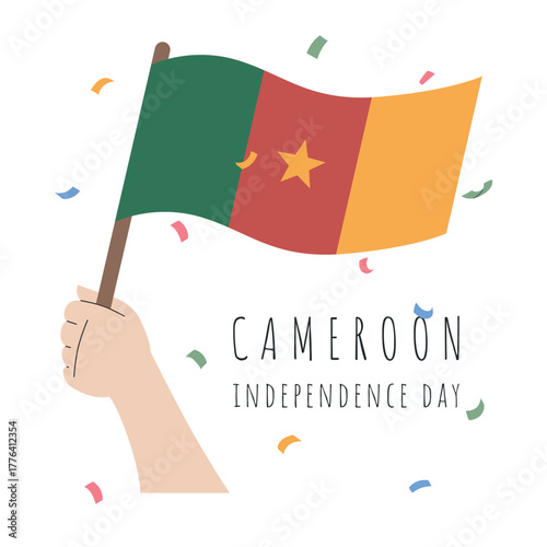 Illustration for Cameroon Independence Day featuring hand holding the flag of Cameroon. Flat vector design for patriotic campaigns, educational materials and cultural events.