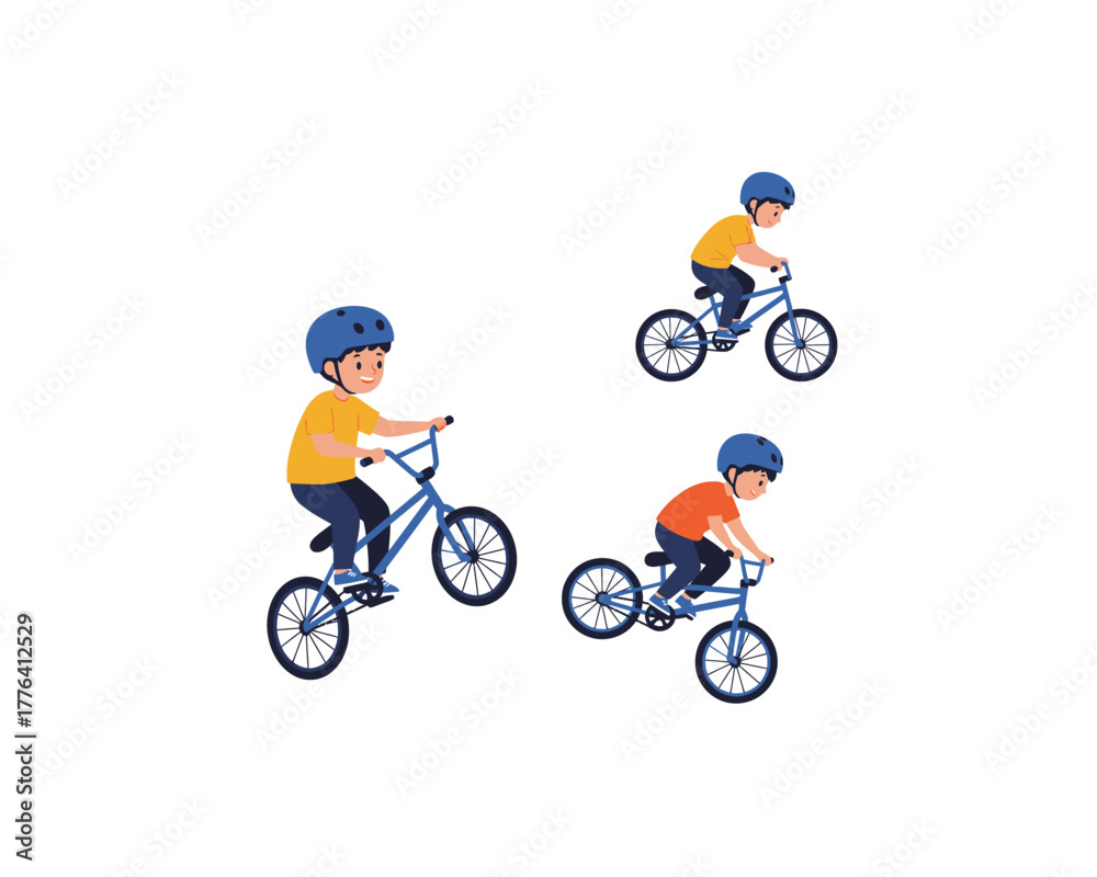 Fototapeta premium Three energetic young boys wearing helmets happily riding bicycles on a white background depicting active childhood fun and outdoor recreation