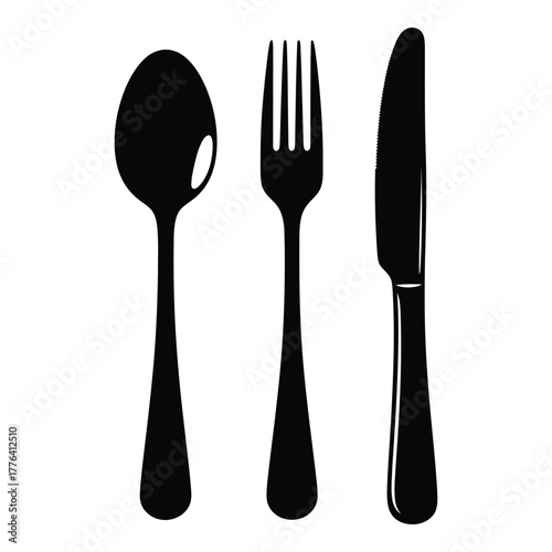 Classic black silhouette of a spoon, fork, and knife arranged vertically, representing dining, restaurant, kitchen, and culinary themes, isolated on a clean white background.