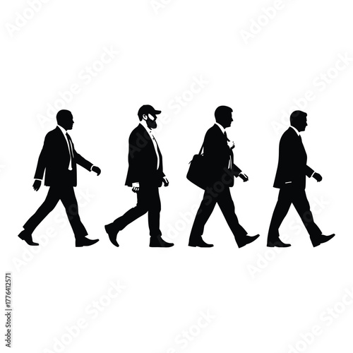 Silhouettes of diverse business professionals walking in unison, representing teamwork, progress, and a confident journey forward on a clean, isolated background.