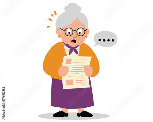 Shocked elderly woman wearing glasses and a cardigan holding a document with a surprised expression and speech bubble