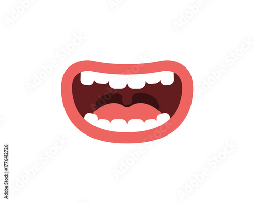 Stylized illustration of a wide open mouth with visible teeth and tongue conveying laughter surprise or speaking