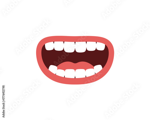Stylized illustration of a wide open mouth with healthy white teeth and pink gums expressing surprise or laughter