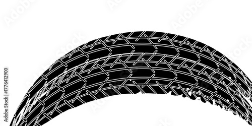Tire tread marks, wheel textures, tire marks - car racing, motocross, drift, rally, off-road and others. Vector black isolated texture in grunge style with splashe