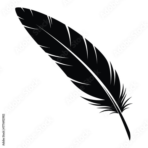 Stylized black feather vector illustration on white background, perfect for design elements, logos, icons, education, nature, bird, lightweight, soft, writing concept, elegance.