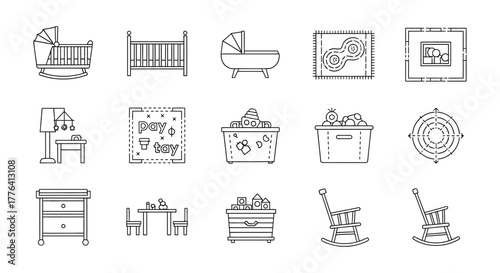 baby room furniture icons of cribs changing table and toys for a modern nursery design illustration perfect for parenting blog and interior design guide