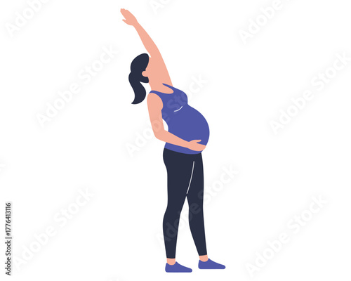 Pregnant woman in athletic wear performing a gentle side stretch exercise during her pregnancy journey