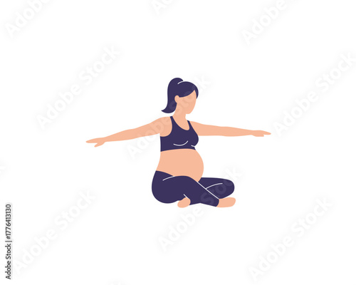 Pregnant woman in comfortable athletic wear practicing yoga meditation with arms outstretched in a seated cross legged pose