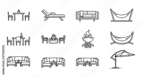 patio furniture illustration depicting outdoor patio furniture for a relaxed backyard ideal for showcasing home improvement and design concepts line art