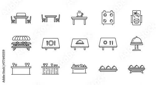 table icons depicting restaurant and buffet services perfect for catering brochures representing dining options and food presentation clean line art style