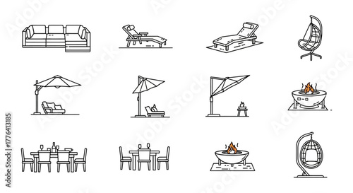 outdoor furniture showing a lounge set chairs dining table and fire pit on a patio ideal for creating a relaxing backyard escape.