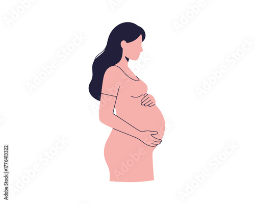 Stylized illustration of a pregnant woman in profile holding her belly with a gentle expression on her face