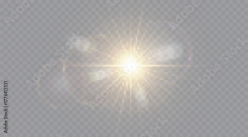 Sunlight flare with golden rays, bright glow, and sparkling reflections. Warm summer atmosphere, nature illumination, and soft daylight vector background illustration.