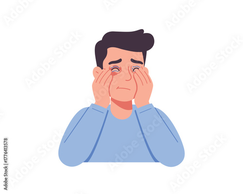 Young man with red irritated eyes and worried expression holding his face in distress and discomfort