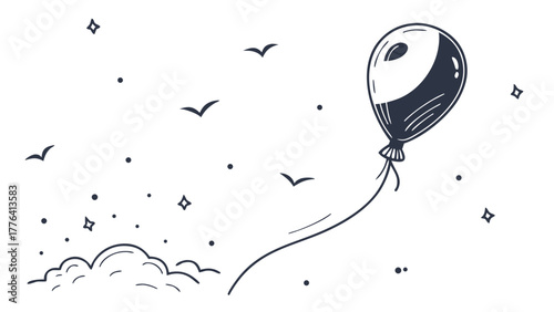 Whimsical balloon soaring above clouds with flock of birds, simple and calming design evoking freedom, hope, and joyful dreams in minimal style art