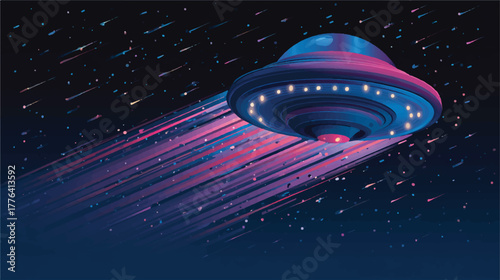 Flying Saucer Ascending Through Starry Sky with Vapor Trails Cartoon Style Illustration for Science Fiction Fantasy Theme