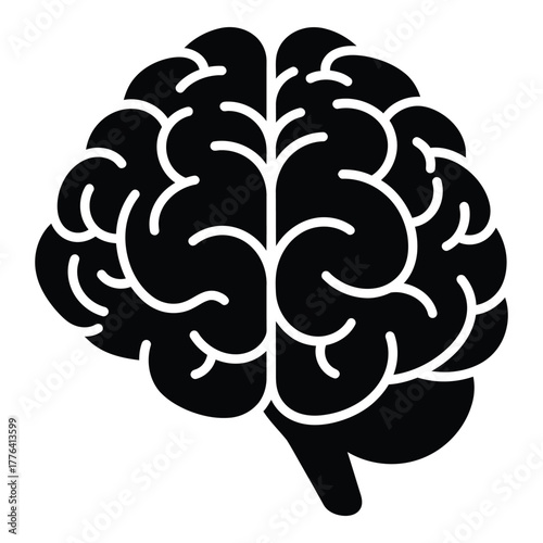 Stylized human brain icon with clear cerebral hemispheres and intricate folds, symbolizing intelligence, thought, learning, memory, and cognitive processes in a modern digital context.