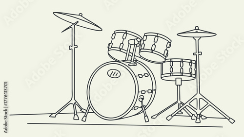 Detailed line art of a complete drum kit, perfect for music education resources or artistic designs, evoking rhythm and musical creativity with clean outlines
