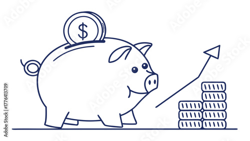 Financial growth illustration with charming piggy bank, dollar coin, and rising arrow depicting savings success and investment gains for a secure future