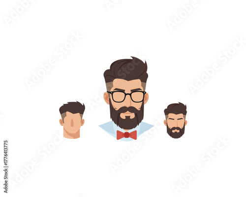 Three stylized portraits of men with different hairstyles and beards showcasing modern masculine grooming and fashion trends