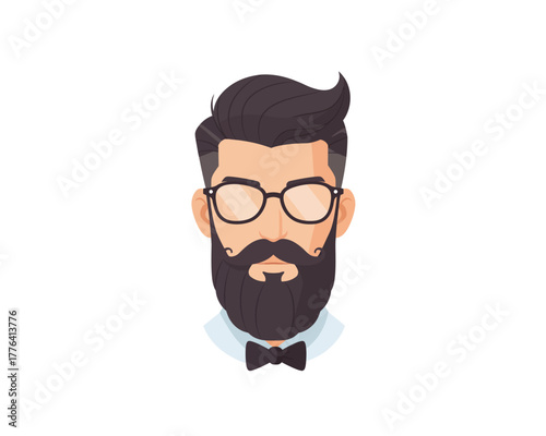 Stylized illustration of a man with a prominent beard round glasses and a bow tie representing a modern hipster aesthetic