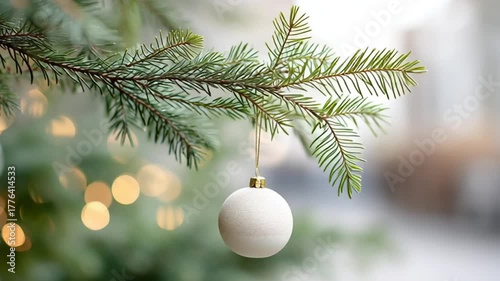 Christmas New Years greeting card banner with white ball hanging on fir tree branch. Garland lights. Template with copy space