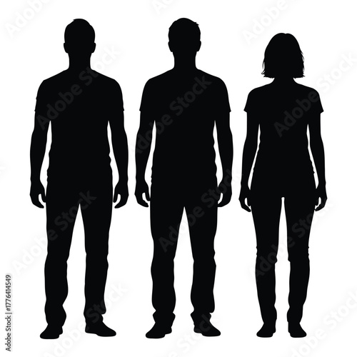 Three diverse full body human silhouettes of two adult men and one adult woman standing upright, isolated on a clean white background, representing identity, group, and population.