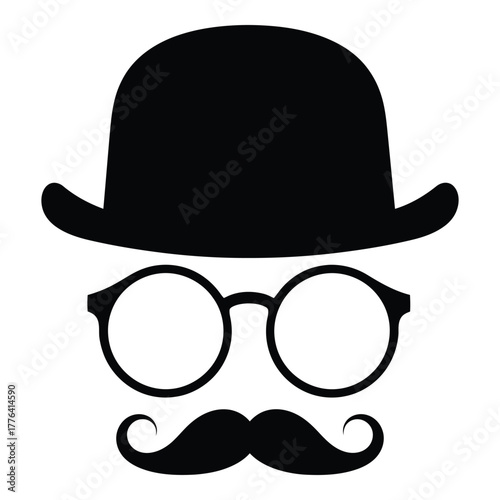 Stylized vintage gentleman icon with black bowler hat, round glasses, and classic handlebar mustache, representing elegance, mystery, and retro sophistication on a white background.