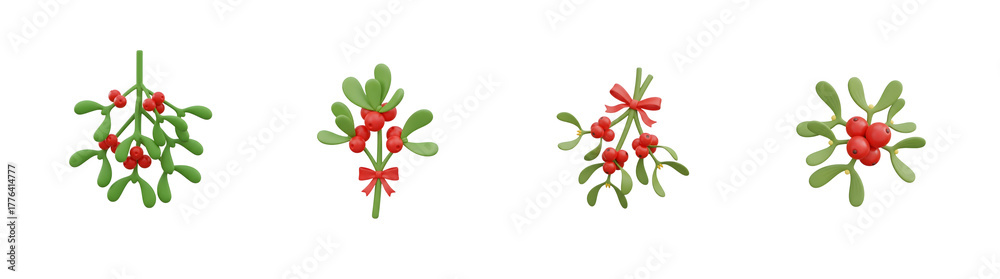 Fototapeta premium Mistletoe Sprigs With Red Berries And Bows Isolated Transparent Background Isolate
