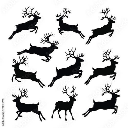 Numerous black deer silhouettes with majestic large antlers leaping and running, depicting wild forest animals in various dynamic poses on a clean white background.