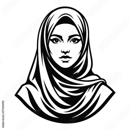 Stylized black and white vector illustration of a serene muslim woman wearing a traditional hijab, representing modesty, culture, and diversity in a modern context.