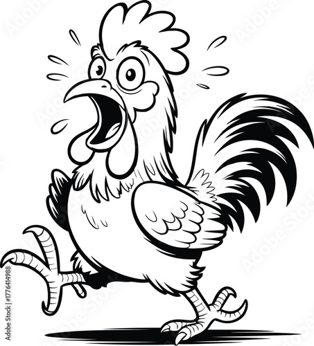 Scared rooster running fast with wide eyes and open mouth