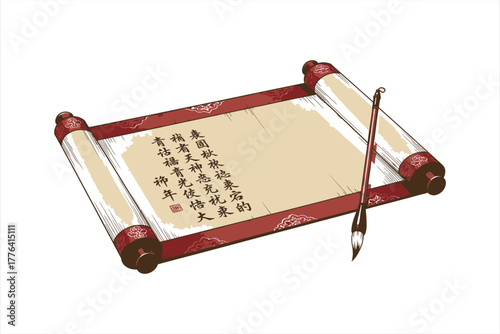 Chinese Scroll with Calligraphy Brush