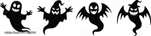 Four spooky black ghost silhouettes with scary faces for halloween