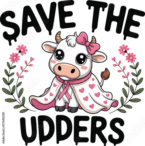 Cute cartoon cow with pink bow and hearts saying save the udders