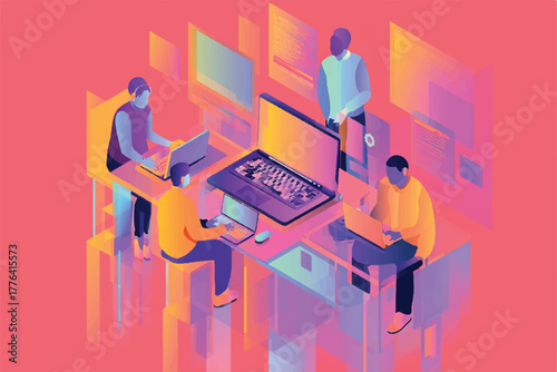 Isometric illustration of a collaborative software development team working together on laptops with abstract screens and vibrant colors representing a dynamic technology environment