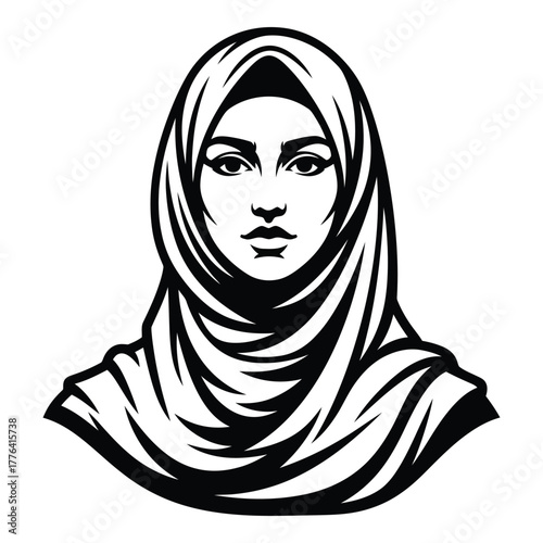 Stylized black and white illustration of a muslim woman wearing a traditional hijab, showcasing her serene facial expression and elegant head covering, isolated for versatile design projects.