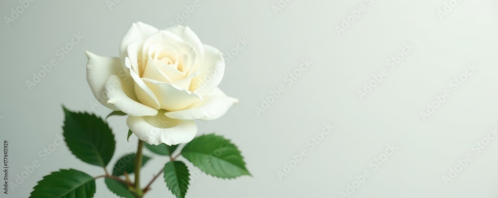 Fototapeta premium A pristine white rose, seemingly weightless, floats against a clean background , botanical, levitation, pastel