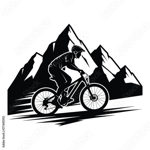 Mountain biker silhouette vector illustration riding a bicycle on a challenging trail with rugged peaks in the background, representing adventure and extreme sport.