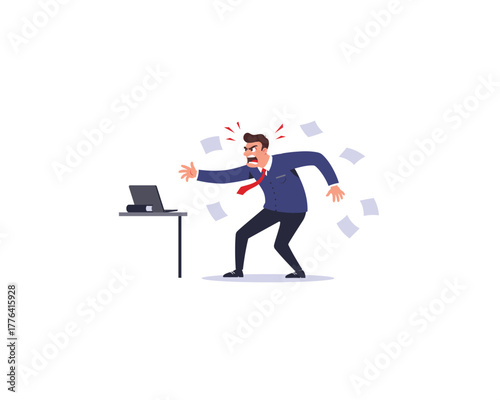 Frustrated businessman overwhelmed by chaotic work situation with papers flying around his desk and laptop