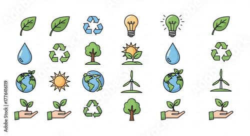 A collection of ecofriendly icons, representing sustainability, renewable energy, and environmental conservation efforts