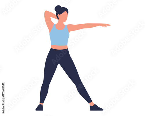 Active woman in athletic wear performing a dynamic stretching or exercise movement with arms extended and one hand behind her head