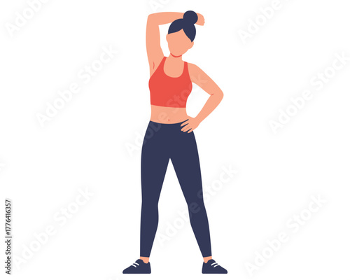 Fit young woman in athletic wear posing confidently with one hand on hip and the other behind her head