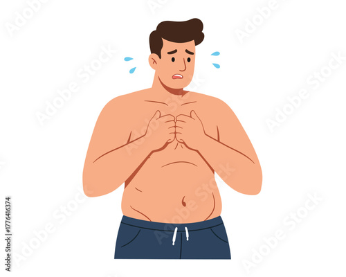 An anxious man with his hands clasped over his chest sweating and looking worried illustrating stress and discomfort