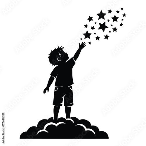 Child reaching for stars, a hopeful silhouette illustration depicting a young boy standing on a cloud, aspiring towards future goals, success, imagination, and dreams