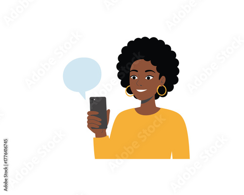 Smiling black woman with afro hair holding a smartphone and looking at the screen with a speech bubble