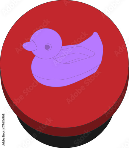 빨간색 버튼 위에 있는 보라색 고무 오리
