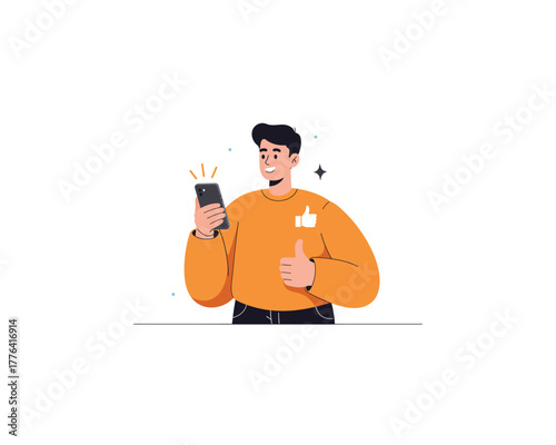 Young man in an orange sweater holding a smartphone and giving a thumbs up gesture with a surprised or confused expression on his face